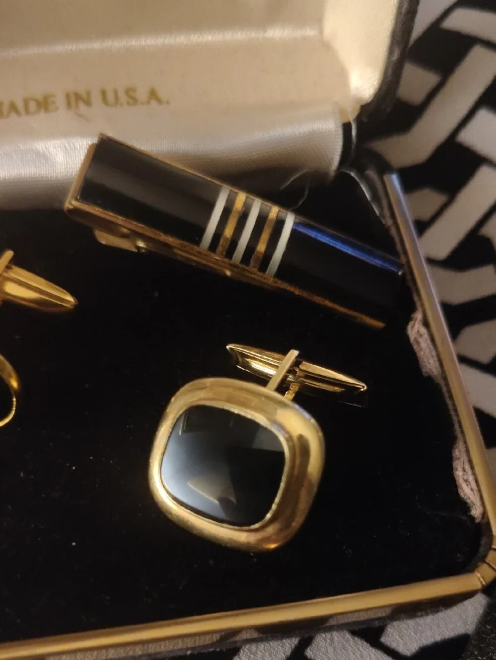 Vintage Gold-Tone Black Inlay Cufflinks and Tie Clip Set